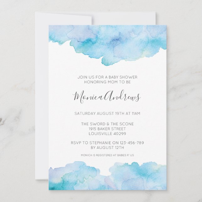 Sea Blue Water Color Baby Dusche Einladung (Vorderseite)