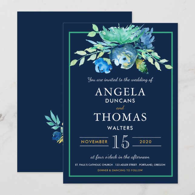 Sea Blue Watercolor Blume Hochzeit Einladung (Vorne/Hinten)