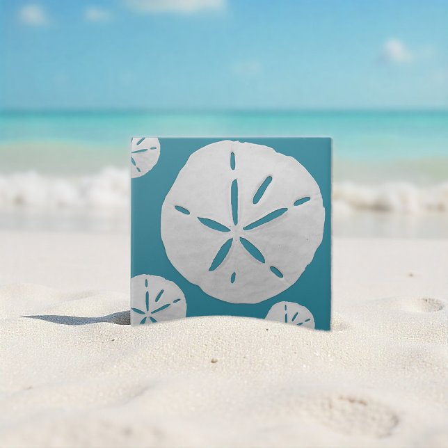 Sea Blue & White Tropical Beach Sand Dollar Accent Fliese (Von Creator hochgeladen)