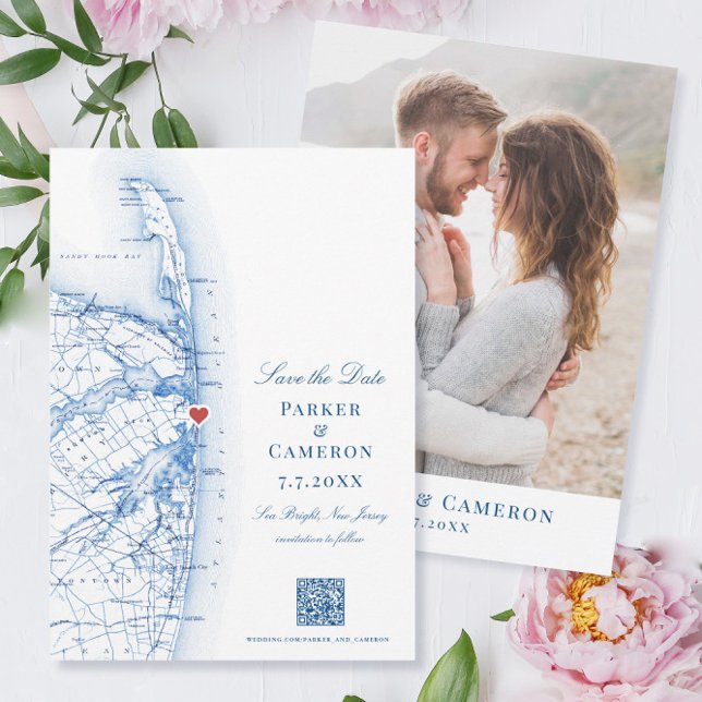 Sea Bright New Jersey Elegante Karte Vertikale QR (These Sea Bright New Jersey save the dates are perfect for your Jersey Shore beach wedding)