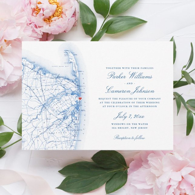 Sea Bright New Jersey Elegante Wedding Einladung (This Sea Bright, New Jersey map wedding invitation is perfect for your destination beach wedding)