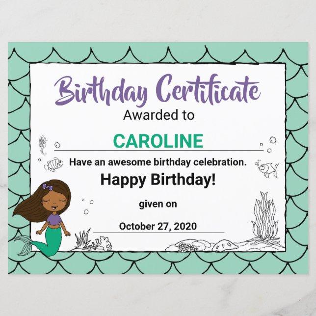 Sea Creature Party Black Mermaid B-Day Certificate (Vorderseite)