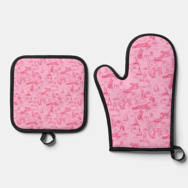 Sea Dog Toile Pink  Ofenhandschuh & Topflappen-Set (Vorderseite)