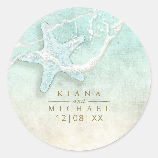 Sea Foam Beach Wedding Starfish ID837 Runder Aufkleber (Vorderseite)