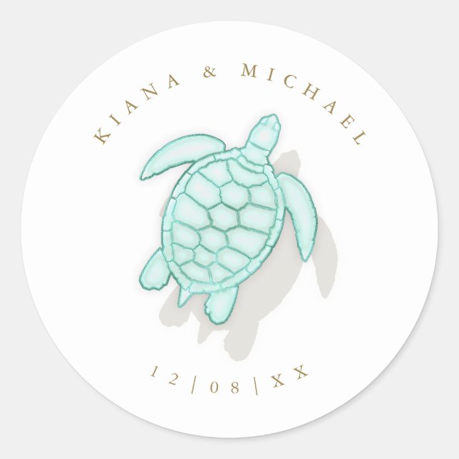 Sea Foam Beach Wedding Turtle ID837 Runder Aufkleber (Vorderseite)
