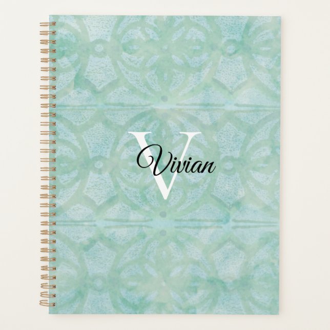 Sea Foam Green Batik Monogram Name Planner Planer (Vorderseite)