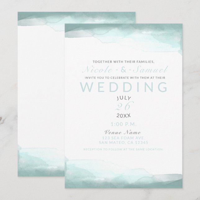 Sea Foam Green Beach Wasserfarbe Moderne Hochzeit Einladung (Vorne/Hinten)