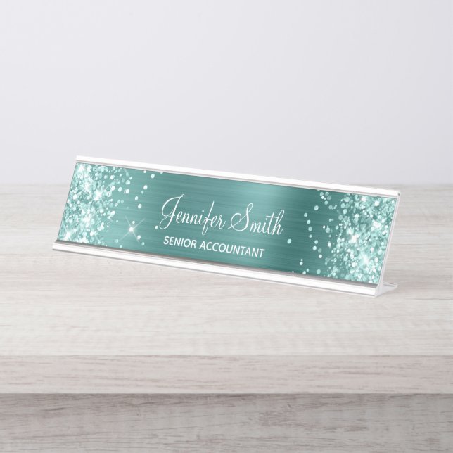 Sea Fox Green Glitzer Imitate Aqua Aquamarin Fossi Schreibtischnamensplakette (Vorderseite )