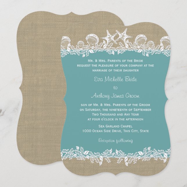 Sea Garland Aquamarin Beach Wedding Einladung (Vorne/Hinten)