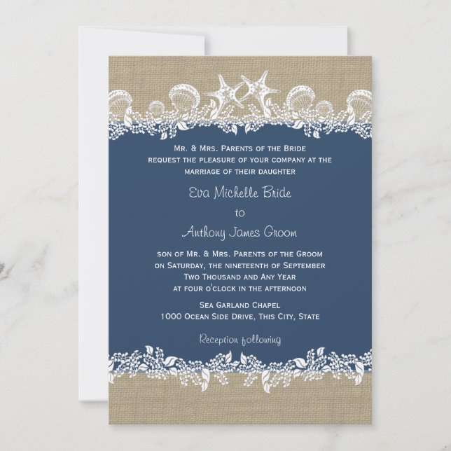 Sea Garland Navy Blue Wedding Einladung (Vorderseite)