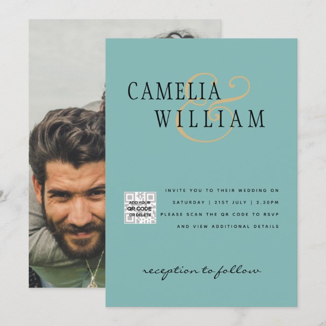 Sea Glass Foto Wedding Invite QR Code Rett Datum Einladung (Vorne/Hinten)