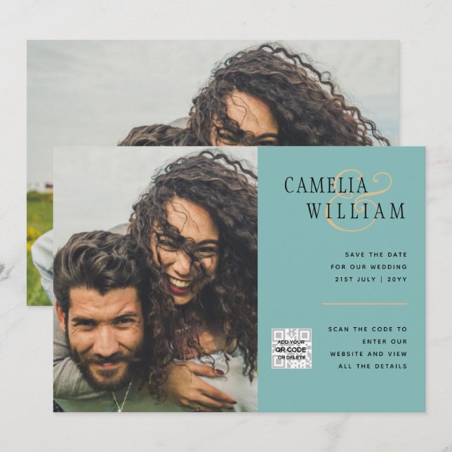 Sea Glass Foto Wedding Invite QR Code Rett Datum Einladung (Vorne/Hinten)