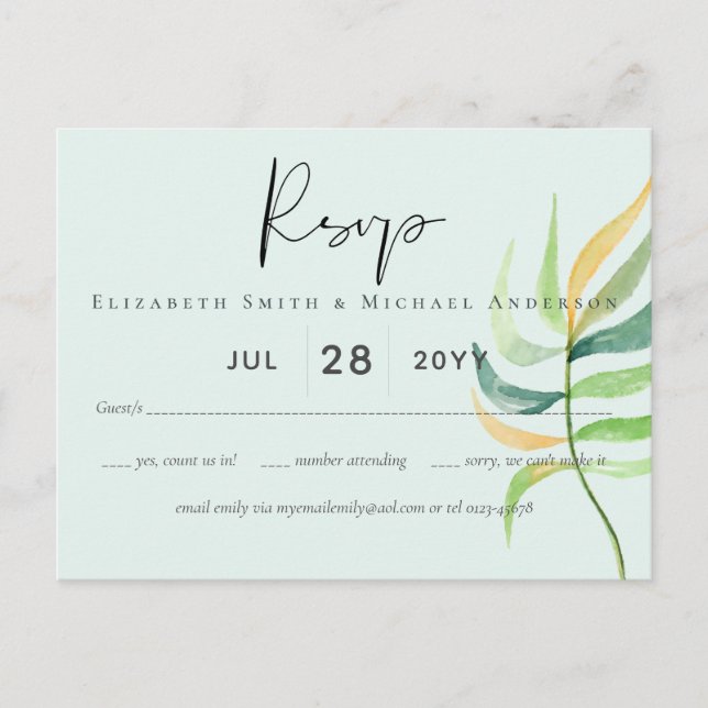 Sea Glass Green Blue Tropical Leaf Hochzeit Postkarte (Vorderseite)