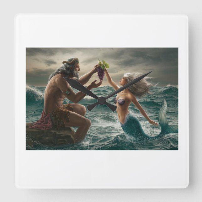 Sea God and Mermaid Wall Clock Quadratische Wanduhr (Vorderseite)