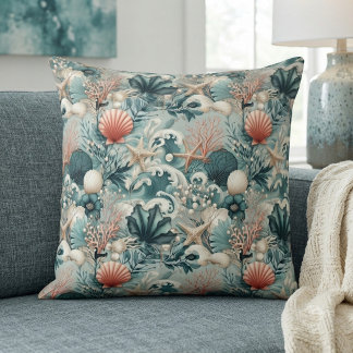 Sea Green Coastal Decor Tropical Corals Seashells Kissen