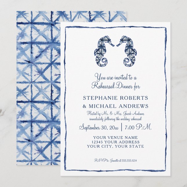 Sea Horses Beach Navy Shibori Probe Dinner Einladung (Vorne/Hinten)