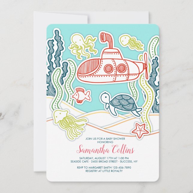 Sea Life and Submarine Baby Shows Einladung (Vorderseite)
