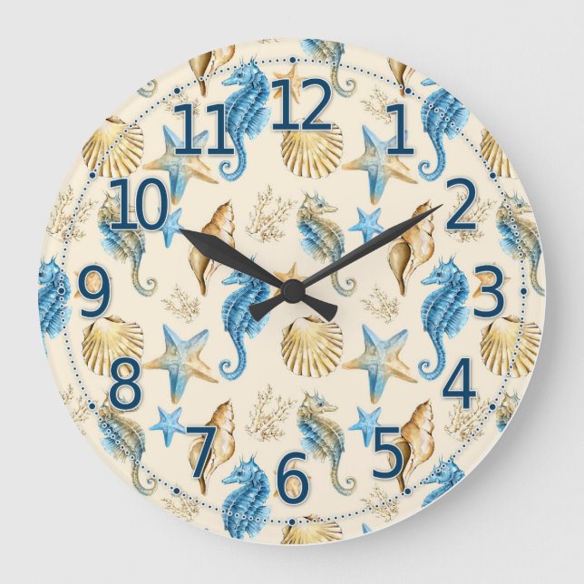 Sea Life Clock, Hübsches Seepferd Glasuhr Große Wanduhr (Vorderseite)