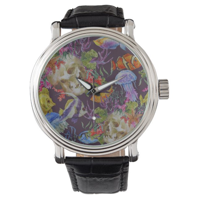 Sea Life Grunge Muster Armbanduhr (Vorderseite)