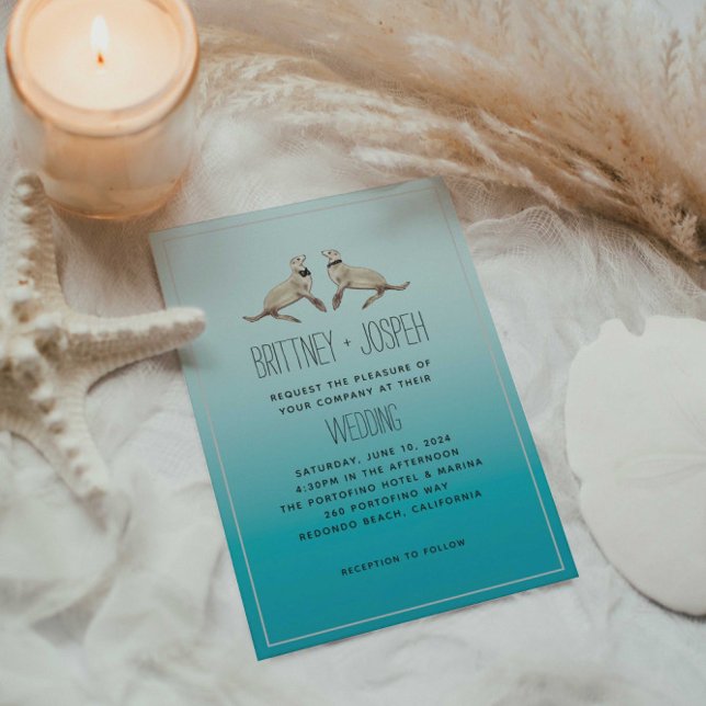 Sea Lions Blue Modern Wedding Einladung (Von Creator hochgeladen)