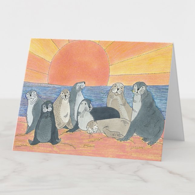 Sea Lions Sunrise Zeichnend Leere Dankeskarte (Von Creator hochgeladen)