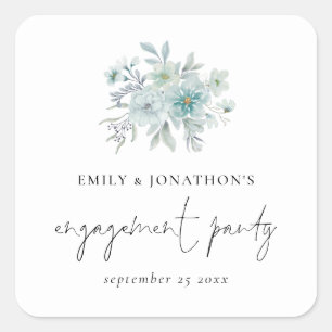 Sea Mist Aquamarin Blue Florals Script Engagement  Quadratischer Aufkleber