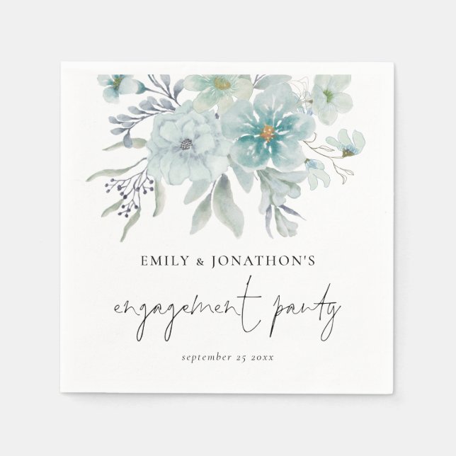 Sea Mist Aquamarin Blue Florals Script Engagement  Serviette (Vorderseite)