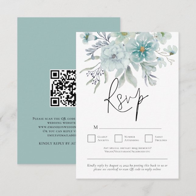 Sea Mist Aquamarin White Florals QR Code Hochzeit RSVP Karte (Vorne/Hinten)