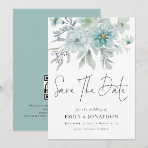 Sea Mist Aquamarine Florals QR Code Hochzeit Save The Date