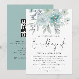 Sea Mist Watercolor Florals QR Code Hochzeit Einladung