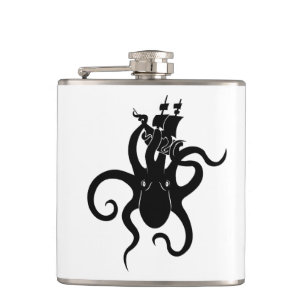 Sea Monster Black and White Kraken with Ship Flachmann