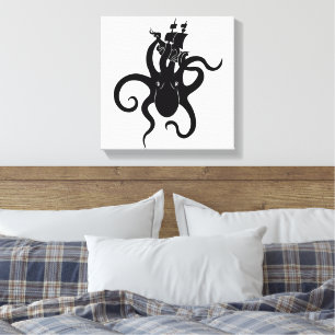 Sea Monster Black and White Kraken with Ship Leinwanddruck