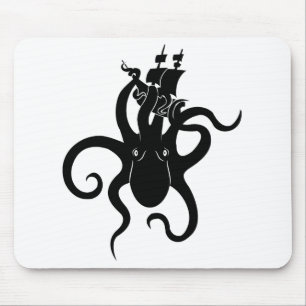 Sea Monster Black and White Kraken with Ship Mousepad