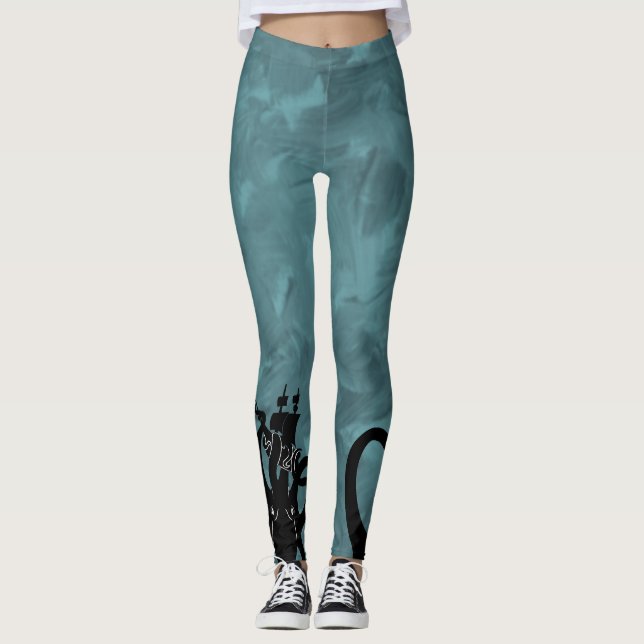 Sea Monster Blue and Black Kraken with Ship Leggings (Vorderseite)