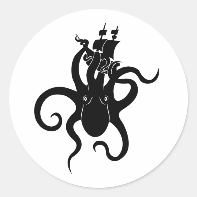 Sea Monster Blue and Black Kraken with Ship Runder Aufkleber (Vorderseite)