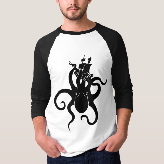 Sea Monster Blue and Black Kraken with Ship T-Shirt (Vorderseite)