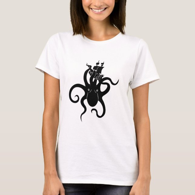 Sea Monster Blue and Black Kraken with Ship T-Shirt (Vorderseite)