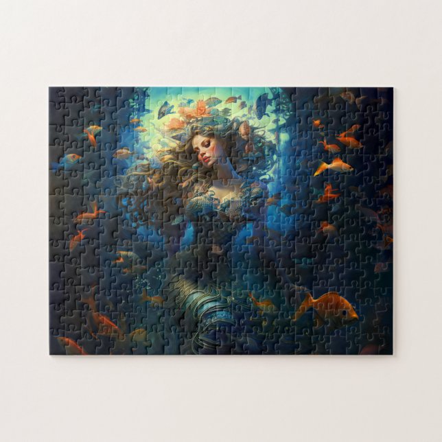 Sea Nymph Surrounded by Fish Fantasy Painting (Horizontal)