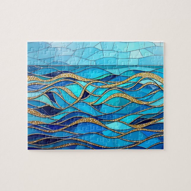 Sea of Waves Blue and Gold Mosaic Art (Horizontal)