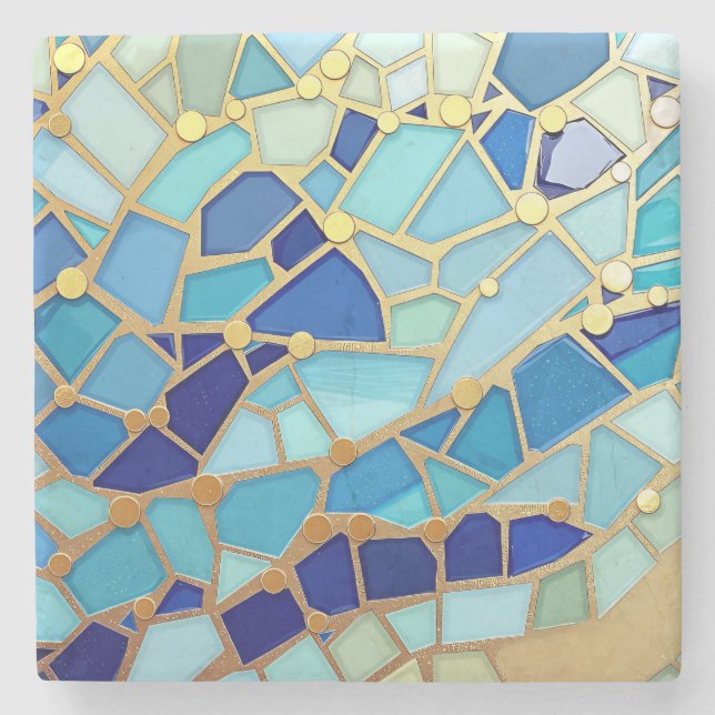 Sea of Waves Blue and Gold Mosaic Fine Art Steinuntersetzer (Vorderseite)