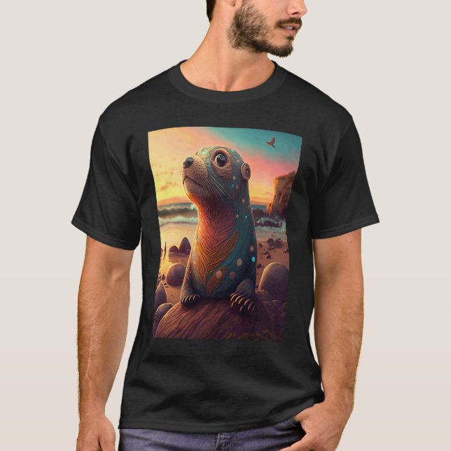 Sea Otter Retro Sunset Niedlich Otter T-Shirt (Vorderseite)