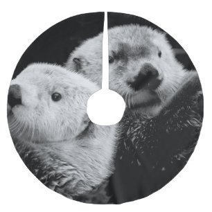 Sea Otters: Schwarz-weißes Paar. Polyester Weihnachtsbaumdecke