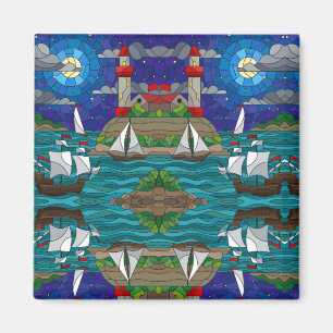 Sea Red Lighthouse Segelschiffe Shore Starry Sky Magnet