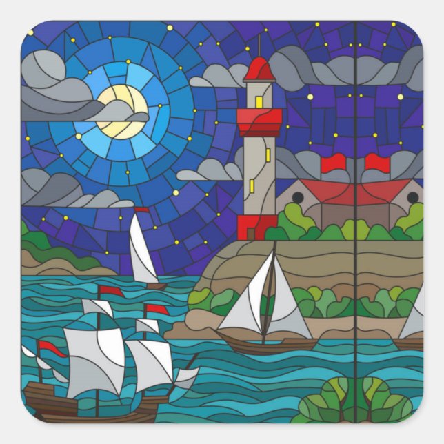 Sea Red Lighthouse Segelschiffe Shore Starry Sky Quadratischer Aufkleber (Vorderseite)