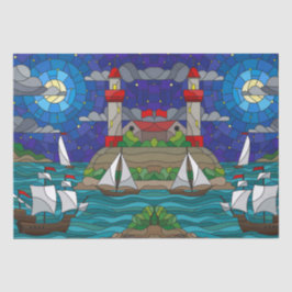 Sea Red Lighthouse Segelschiffe Shore Starry Sky Seidenpapier
