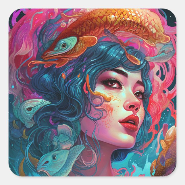 Sea Serpent Hair Lady Fantasy Art Quadratischer Aufkleber (Vorderseite)