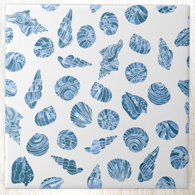 Sea Shell Watercolor Nautical Coastal Blue Fliese (Sea shell watercolor nautical coastal pattern blue and white ceramic tile)