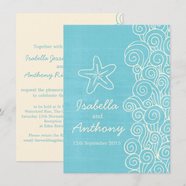 Sea Star & Wirbel Blue & Creme Hochzeit Einladung (Vorne/Hinten)