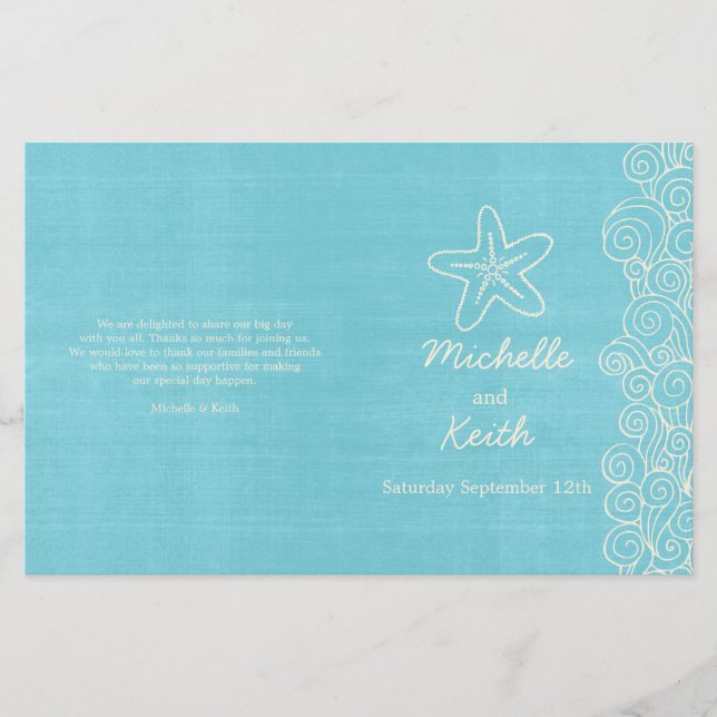 Sea Star & Wirbel Blue-Creme-Hochzeitsprogramme (Vorderseite)