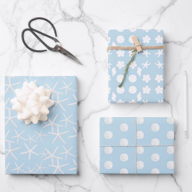 Sea Stars Sand Dollars Beach Baby Blue Geschenkpapier Set (Vorderseite)
